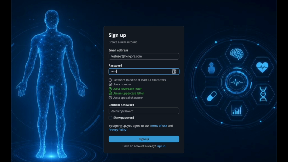 HeliQore password requirements shown as completed