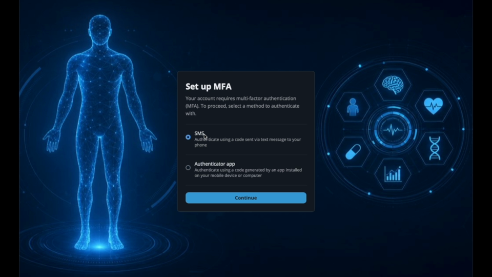 HeliQore SMS MFA verification screen
