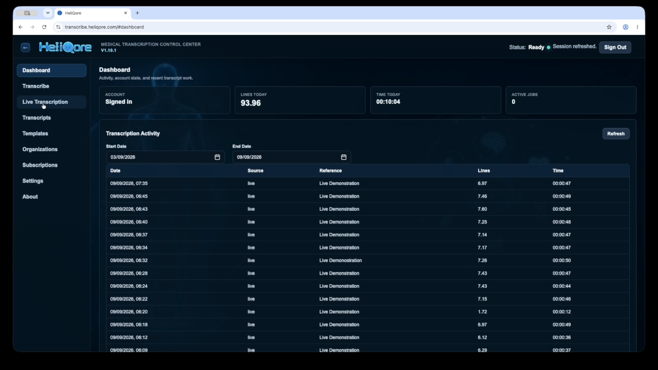 HeliQore Live Transcription page with the session controls ready