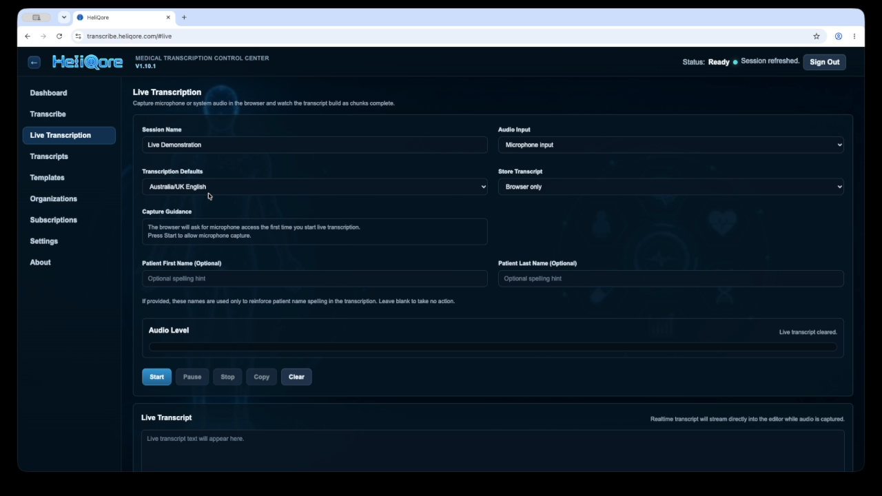 HeliQore live session name, audio input, language, and transcript storage settings