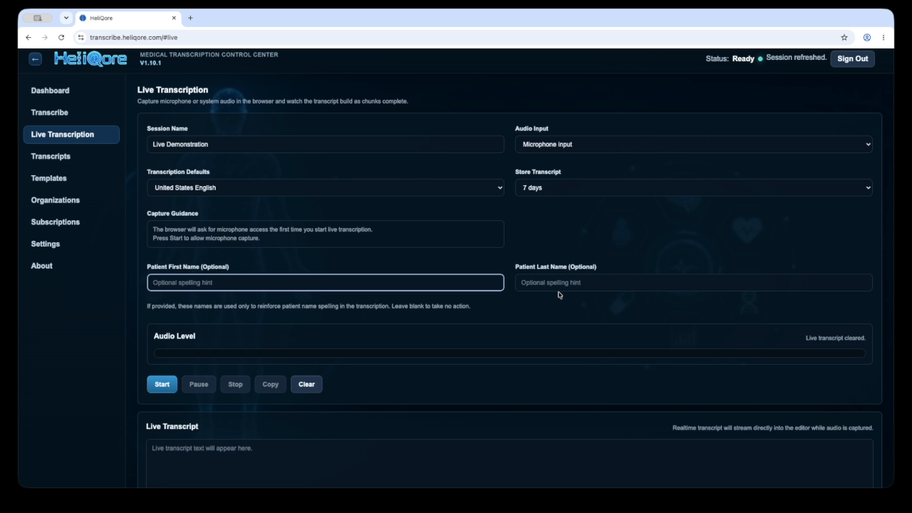 HeliQore Capture Guidance and optional patient spelling hint fields