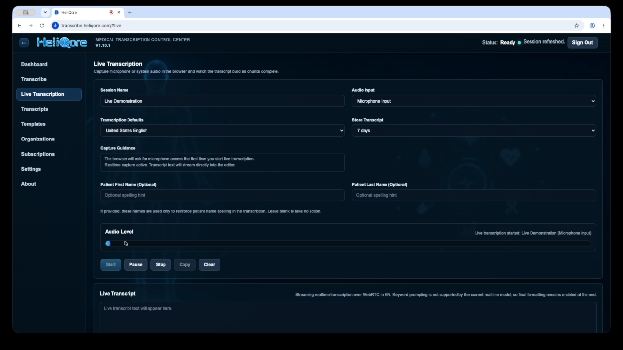 HeliQore live session running with activity in the Audio Level indicator