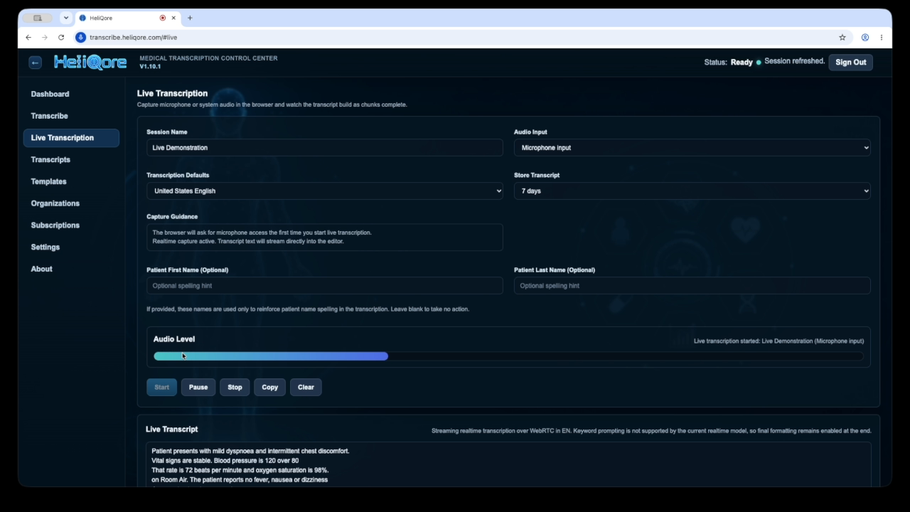 Medical dictation appearing in the HeliQore Live Transcript panel