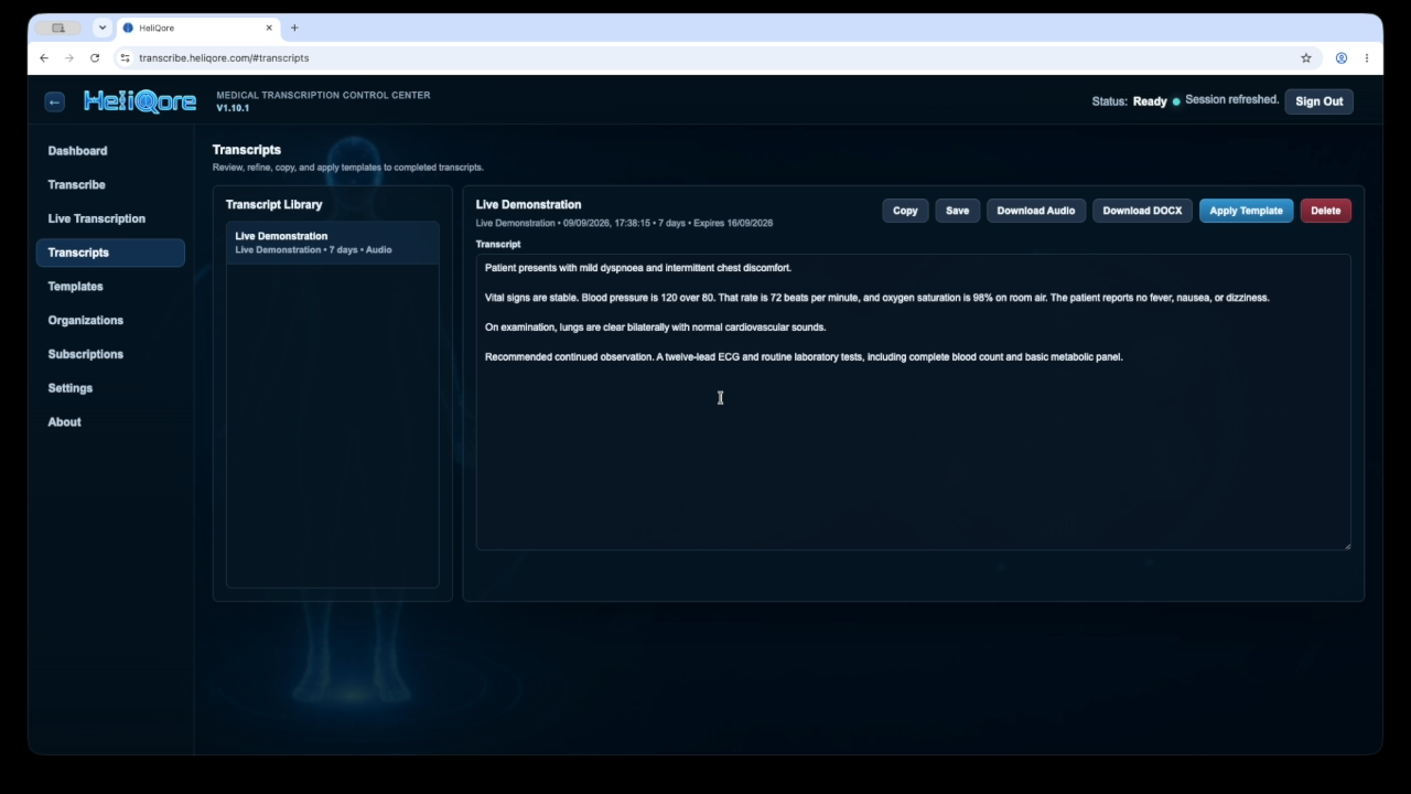 Completed live medical transcription open in the HeliQore Transcript Library