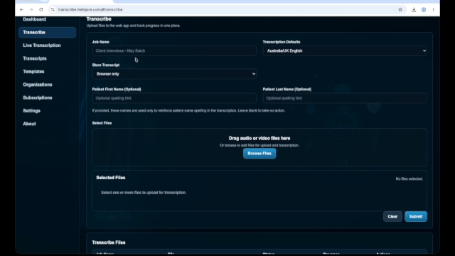 HeliQore Transcribe page ready to create a transcription job