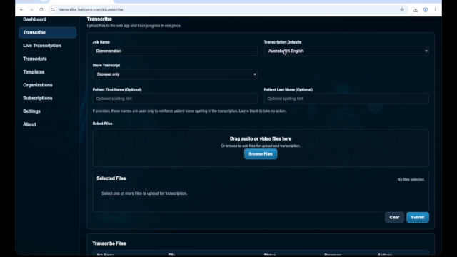 HeliQore Transcribe page showing job name, language, storage, and optional patient spelling fields