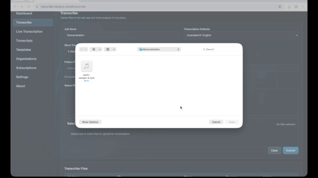 File picker open from the HeliQore Transcribe page
