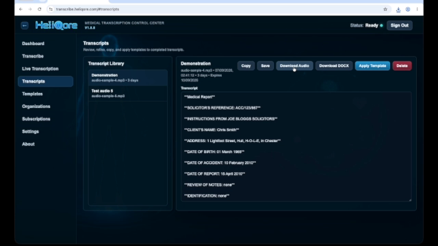 Completed HeliQore transcript open in the Transcript Library with download and template actions